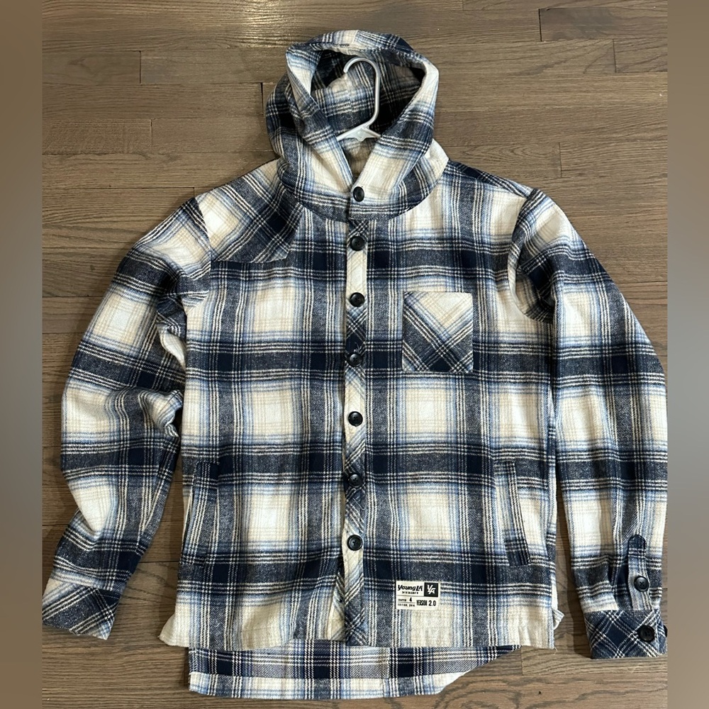 YoungLA Plaid button up  shacket with hood and pockets Blue and Cream